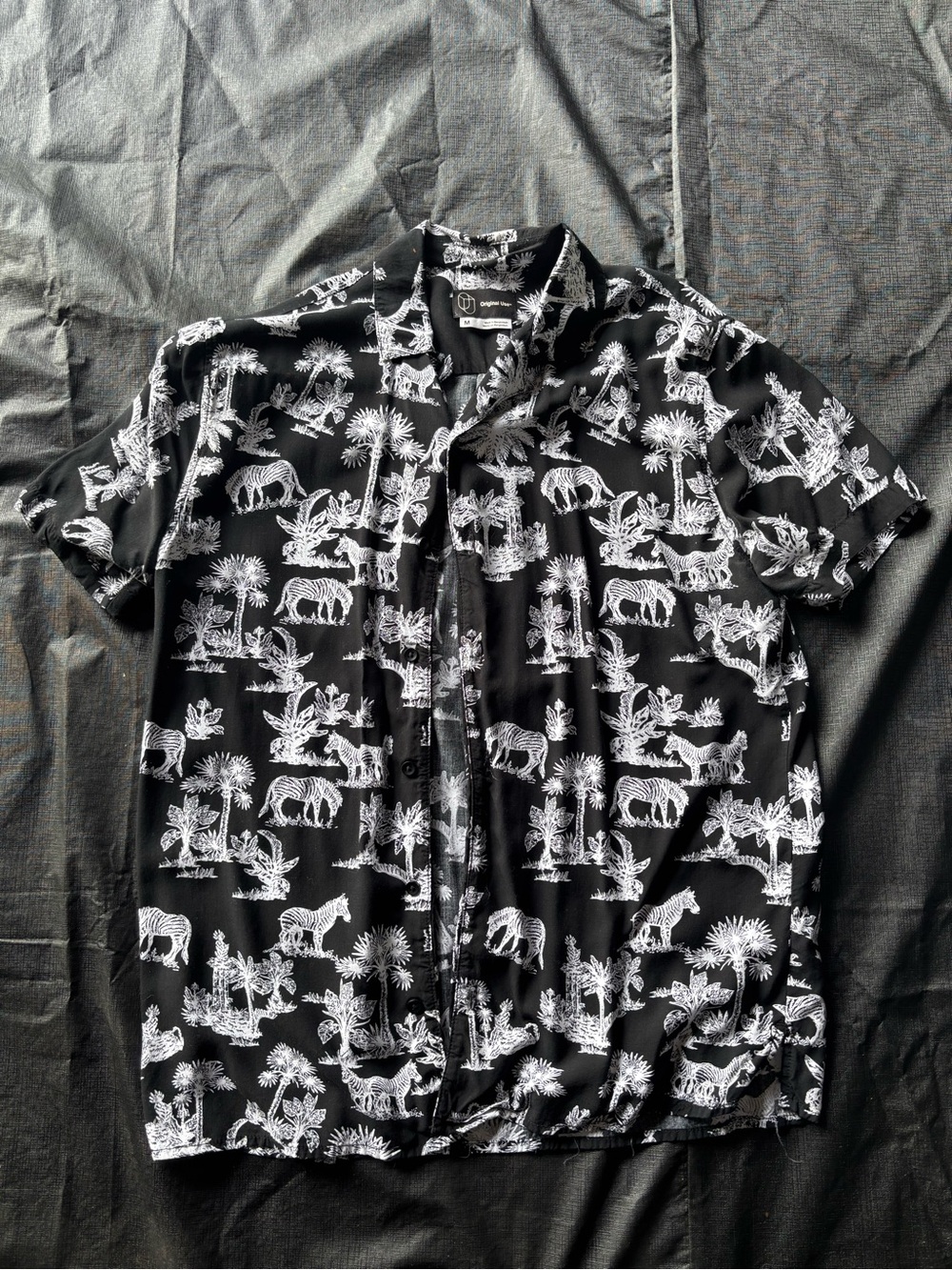 Original Use Black Short-Sleeve Button-Down with White Safari Print